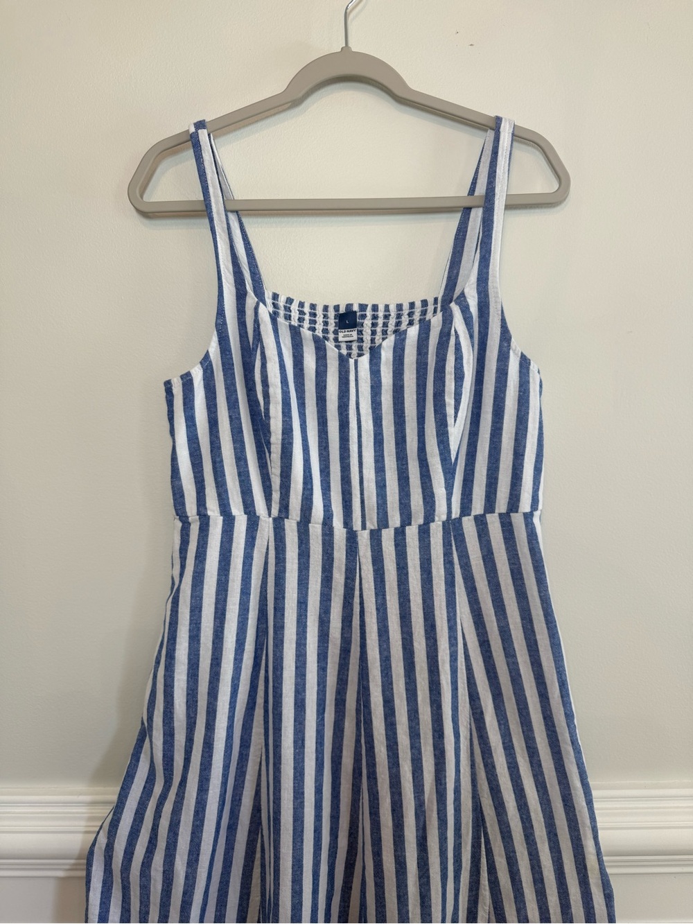 Old Navy Blue White Striped Midi Dress Linen Blend Beach Cruise Resort Pockets L - Picture 3 of 11